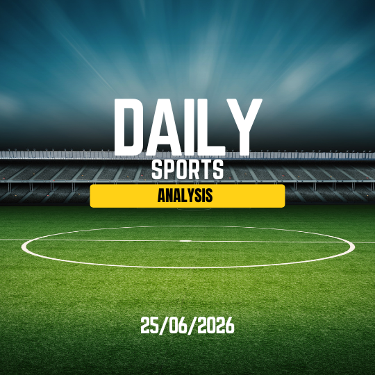 Runner in red shirt dribbling a soccer ball on concrete background with “Daily Sports Analysis” text.