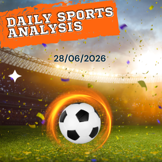 Orange “Daily Sports Analysis” banner over a soccer ball glowing in a stadium with confetti.