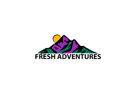 Colorful mountain logo with heart-shaped sun and text “FRESH ADVENTURES” on white background.