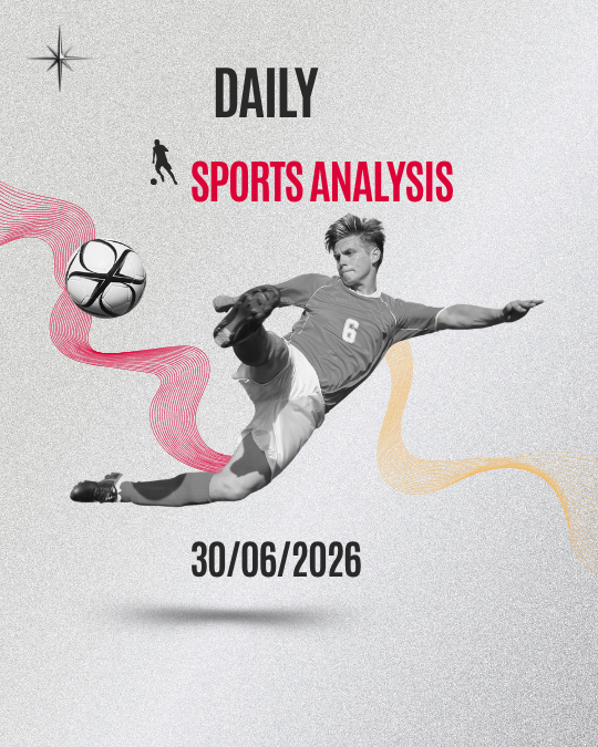Athlete sliding with soccer ball, dynamic red and yellow waves, “DAILY SPORTS ANALYSIS” text, date 30/06/2026.