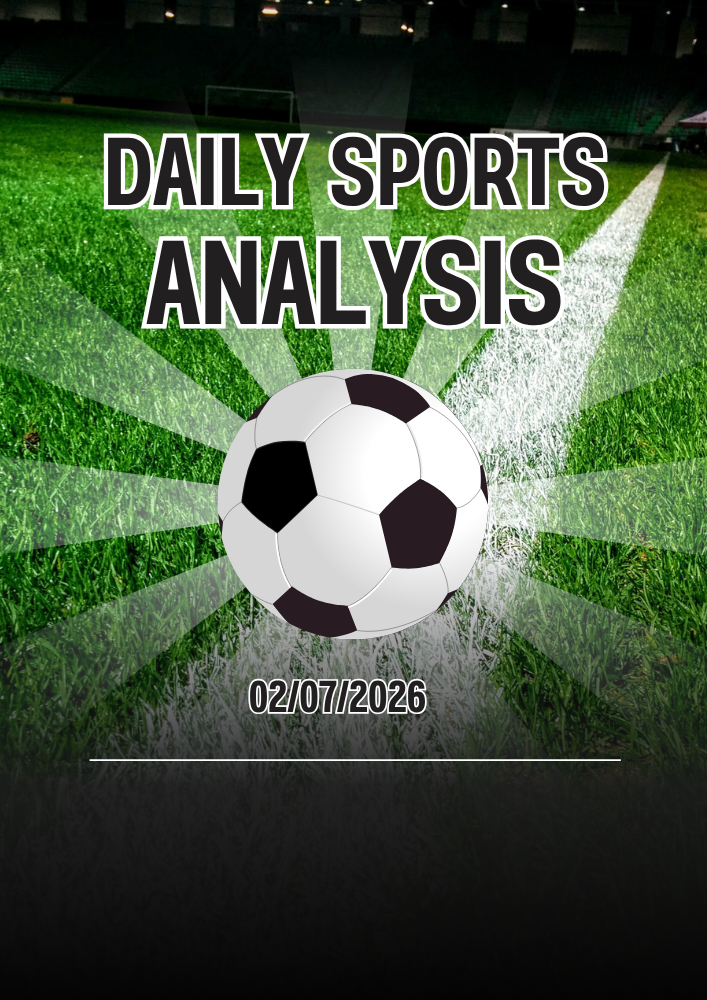 Soccer ball over green stadium grass with “DAILY SPORTS ANALYSIS” text and date 02/07/2026.