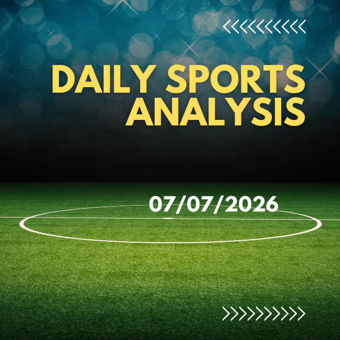 Green soccer field with white center circle, “DAILY SPORTS ANALYSIS” text, and date 07/07/2026.
