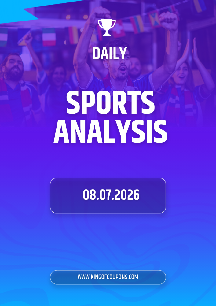 Purple sports analysis banner with cheering crowd, trophy icon, date 08.07.2026, and website link.