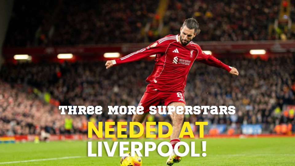 Liverpool footballer in red kit dribbles ball in packed stadium, with bold promotional text overlay.