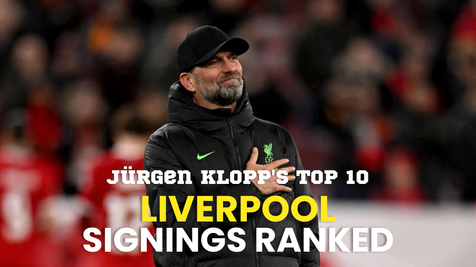 Jürgen Klopp in a black cap and jacket, smiling on the sidelines with Liverpool branding text overlay.